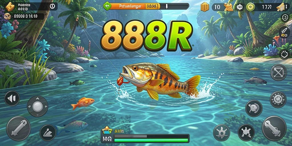 Screenshot gameplay 888R yang menampilkan aksi memancing yang mendebarkan.