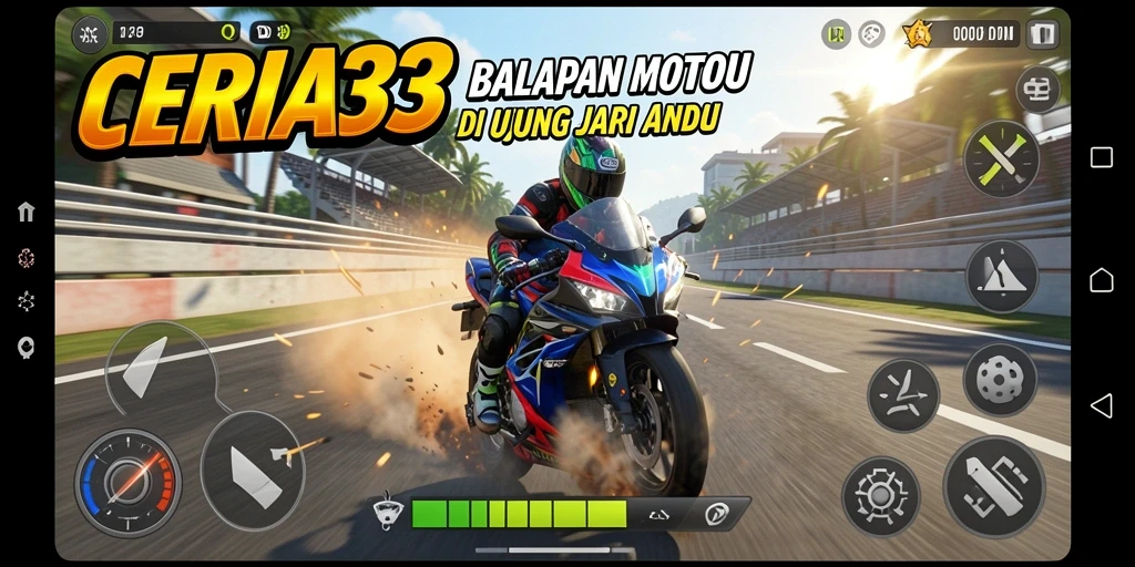 Screenshot CERIA33 menampilkan aksi balap motor yang mendebarkan.