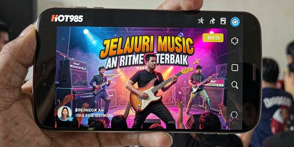 Tampilan gameplay HOT985 menampilkan alat musik dan berbagai pilihan lagu.