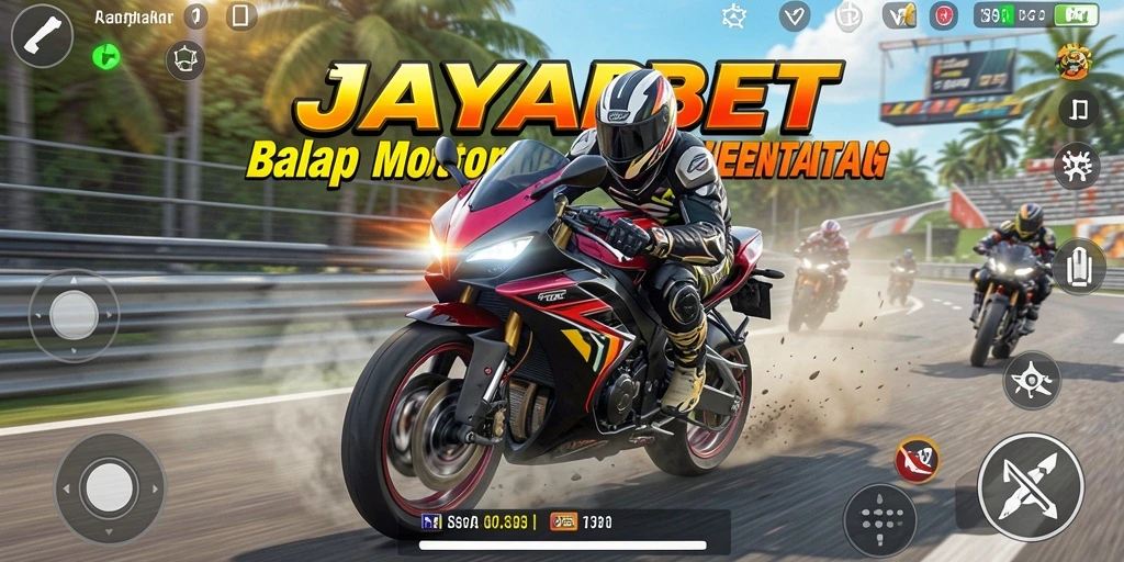 Screenshot utama JAYABET menunjukkan balapan mendebarkan dengan motor dan lintasan yang menakjubkan.