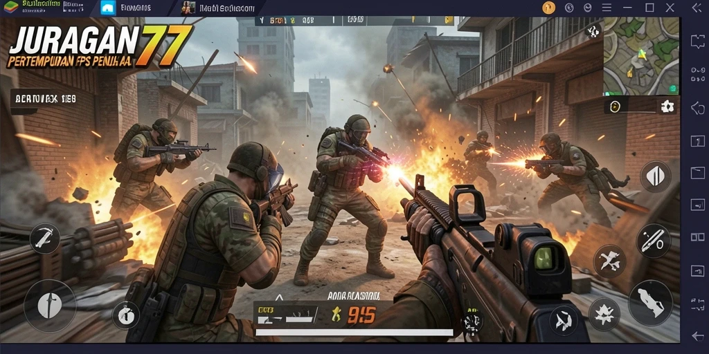 Tampilan gameplay intens dari JURAGAN77 dalam pertempuran FPS.