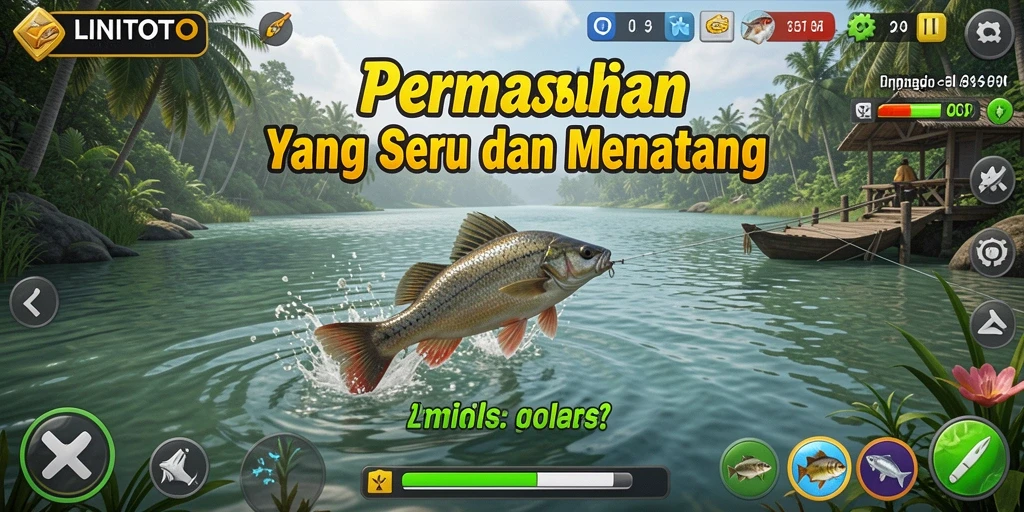 Tangkapan layar gameplay LINITOTO yang menampilkan aksi seru memancing di laut.