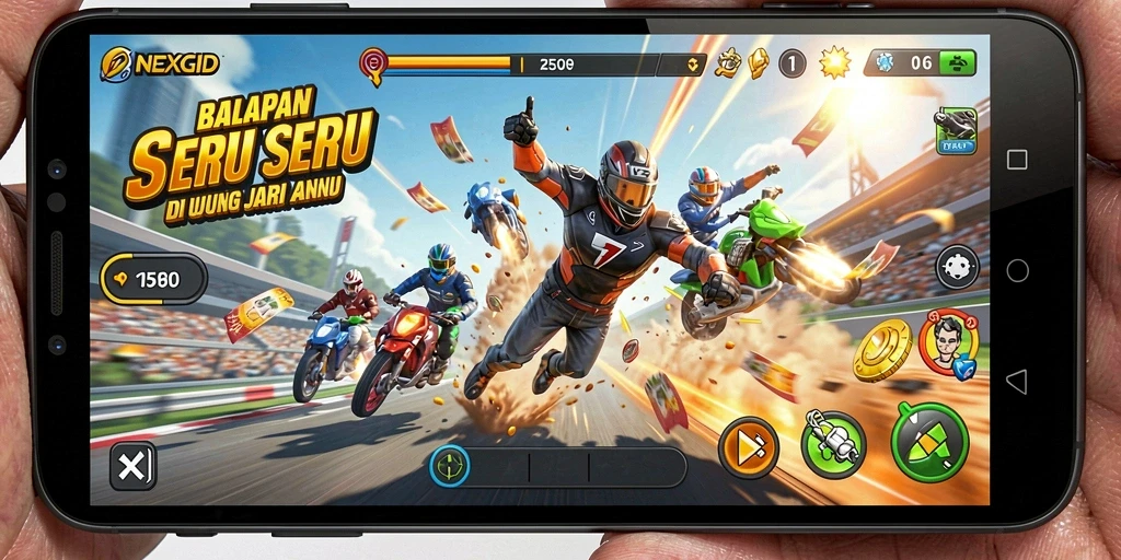 Tampilan gameplay balapan NEXGID yang mendebarkan dan penuh aksi.