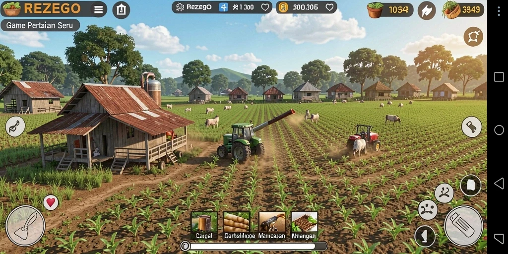 Tangkapan layar game REZEGO yang menampilkan suasana pertanian yang aktif.