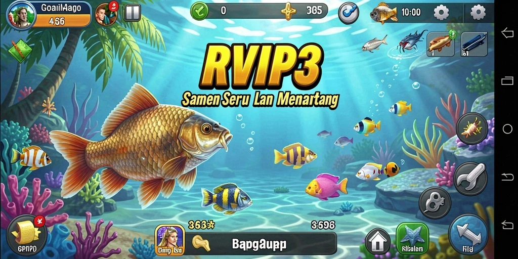Screenshot menunjukkan pemain menangkap ikan besar di danau yang indah.