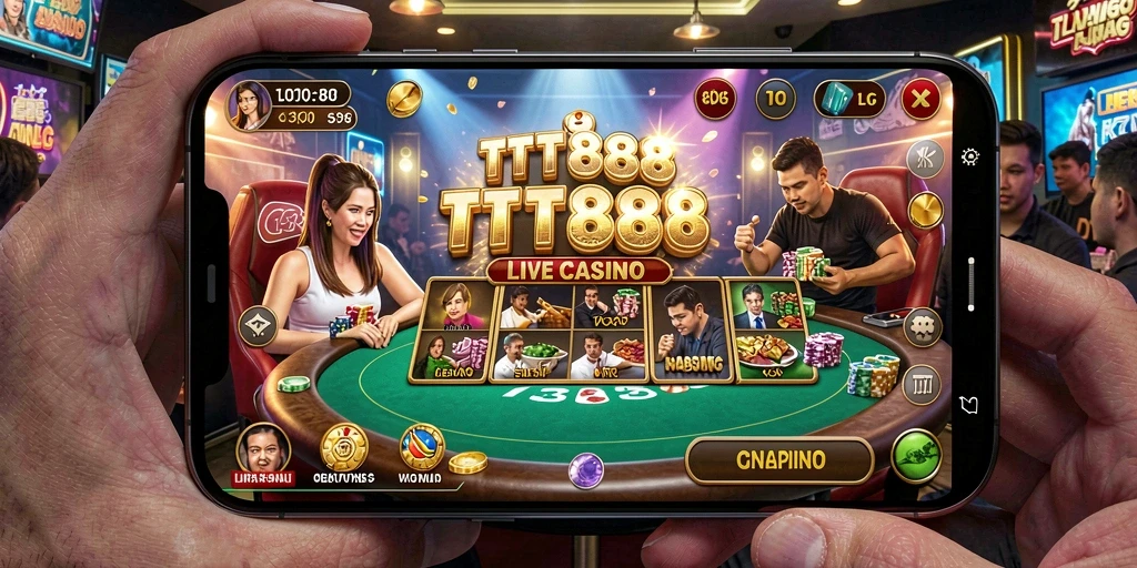 Screenshot gameplay Live Casino TTT888 yang menampilkan dealer profesional dan suasana kasino.