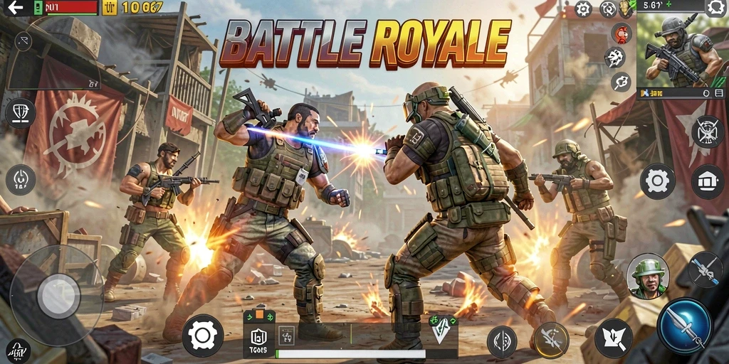 Screenshot gameplay V21 menampilkan pertarungan seru dalam arena Battle Royale.